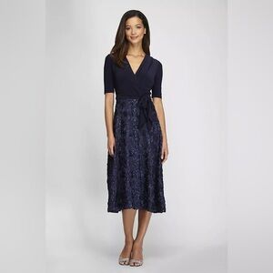 Alex Evenings Navy Sequined‎ Rosette Tea Length Dress